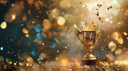 A shining golden trophy surrounded by colorful confetti and vibrant bokeh lights, symbolizing victory and celebration.