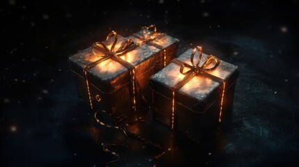 Glowing gift box with dark background. Cyberpunk, steampunk.