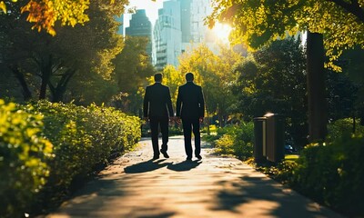 Two friends in business suits walk together through a sun-drenched park during a pleasant evening walk - Powered by Adobe