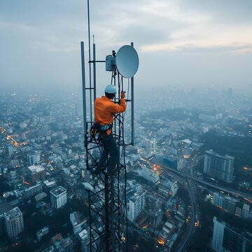 A skilled telecommunications engineer carefully climbing a tall cell tower making adjustments to satellite dishes with the expansive urban cityscape visible far below