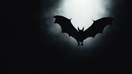 Naklejka premium Silhouette of a bat flying with wings spread against a dark background.
