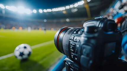 Camera focused on a soccer ball during a night match.