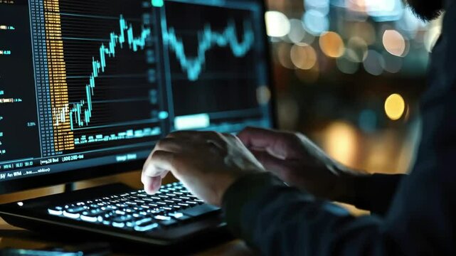 A person analyzing financial data on a laptop, with graphs displayed on the screen, indicating market trends and statistics.