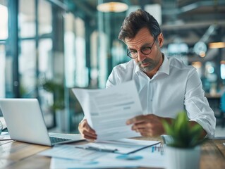 Obraz premium Focused businessman reviewing documents at a modern office desk with a laptop and plant.