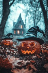 Naklejka premium Halloween holiday carved pumpkin wearing witch hat closeup view