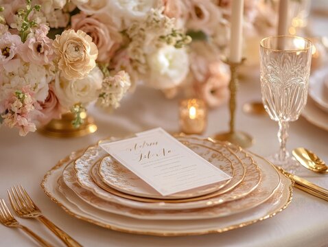 Elegant Wedding Table Setting with Menu Card, Floral Decorations, and Gold Plated Utensils