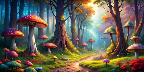 Fototapeta premium A Sunlit Path Through a Mystical Forest Filled with Giant Colorful Mushrooms and Lush Green Foliage