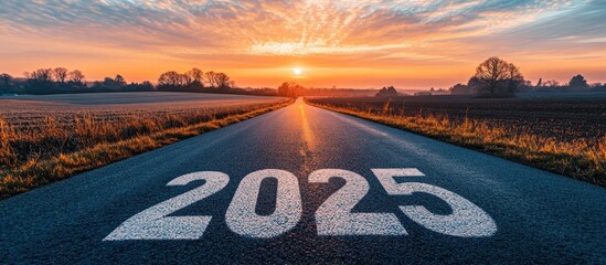 Empty Road with Sunset and 2025 painted on the Asphalt.