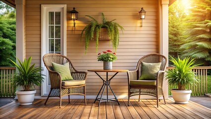 Fototapeta premium A welcoming porch with wicker chairs and a wooden table, bathed in the golden glow of afternoon sunlight, surrounded by lush greenery and a tranquil atmosphere.