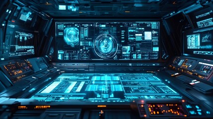 Obraz premium Futuristic holographic control panels and advanced technology inside a high tech space station floating in the vastness of outer space showcasing the future of space and digital communication