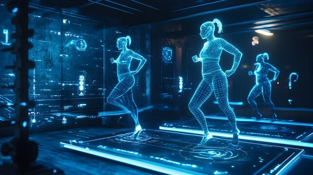 Holographic fitness coach using advanced technology to guide an interactive immersive virtual workout session in a futuristic high tech gym environment