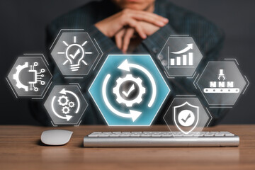 Digital icons illustrating automation, technology, and innovation in business processes,...