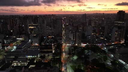 Curitiba Parana. Sunset Skyline At Curitiba In Parana Brazil. Sunset Landscape. Downtown District. Traffic Avenue. Sunset Skyline At Curitiba In Parana Brazil. Cityscape Background.