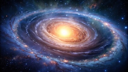 Fototapeta premium A spiral galaxy, a celestial tapestry of swirling stardust and luminous light, casting an ethereal glow across the vast cosmic expanse.