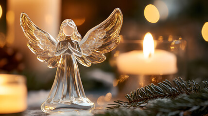 Fototapeta premium Close-up of a Crystal Angel Figure Decorating the Christmas Table
