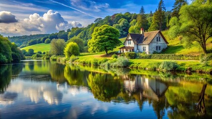 Obraz premium A tranquil cottage nestled amidst lush greenery, its serene reflection mirrored in the calm waters of a winding river, creating a picturesque scene of idyllic peace and natural beauty.