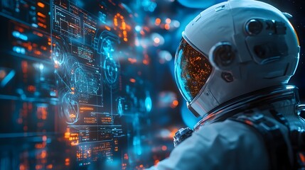 Futuristic astronaut suit with advanced technology and holographic mission control center powering the future of space and interstellar discoveries  Advanced digital interfaces data analytics