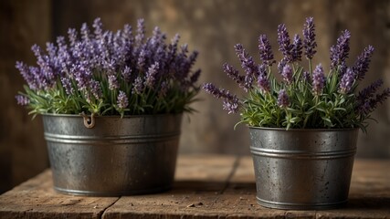 Fototapeta premium Lavender Plant in a Rustic Metal Pot