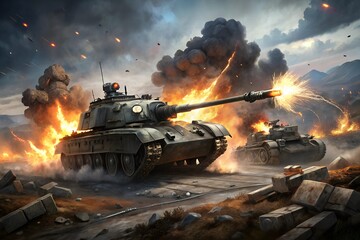 armored tank shooting on a battlefield in a war