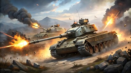 Fototapeta premium armored tank shooting on a battlefield in a war