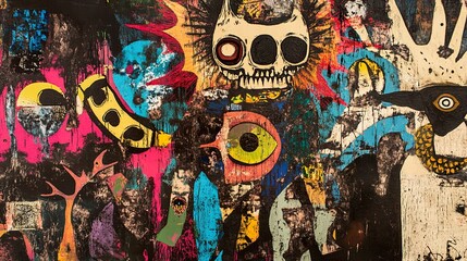 Fototapeta premium Surreal Abstract Collage with Eyes, Skull, and Hand