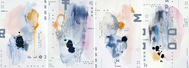 A series of abstract watercolor designs for posters or covers with pastel colors and black accents. Each design is filled with delicate brushstrokes and splashes of colors.