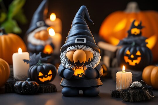 Gnomes holding a s&Atilde;&copy;ance on Halloween night, surrounded by candles and creepy shadows, representing the eerie and supernatural traditions of a gnome Halloween