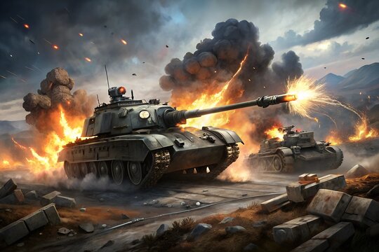 armored tank shooting on a battlefield in a war