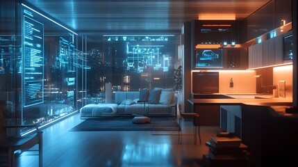 Futuristic Smart Home with Holographic Control Panels and Integrated Technology