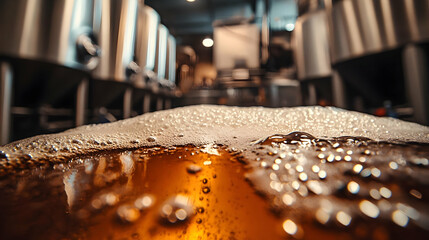 Close-up of beer foam with brewing equipment in the background.
