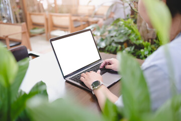 Person typing on a laptop with a blank screen in an indoor garden setting. Remote work and technology concept.