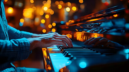 Close-up of hands playing a piano with a blurred background.
