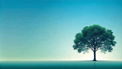 Obraz premium A solitary tree with lush green foliage stands tall against a serene gradient blue sky, reflecting its image in a calm expanse of water beneath.