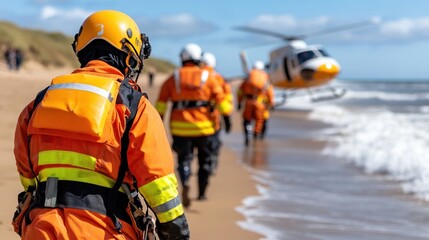 Obraz premium Rescue team in orange suits approaching the sea, helicopter in the background.