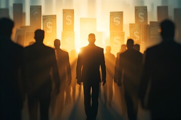 Ominous Money Symbols Cast Shadows Over Despondent Business Crowd During Financial Crisis