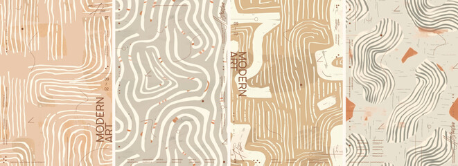 A set of four abstract posters in earthy tones. The pattern is designed for use as a background texture or design element on various products such as stationery, packaging, wallpaper, posters, etc.