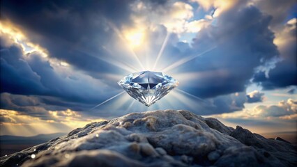 A celestial diamond shimmers with radiant light, casting a glow across the rugged terrain, a majestic symbol of purity and enduring beauty.