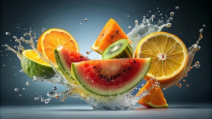 A vibrant medley of juicy fruits, sliced and frozen in a dynamic splash of water, creating a refreshing and visually captivating composition.