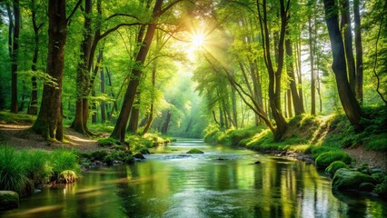 Obraz premium Sunbeams pierce through the lush canopy, illuminating a serene river winding its way through a verdant forest, casting ethereal reflections on the tranquil water.