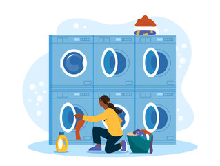 Woman with laundry services. Young girl with basin of dirty clothes near washing machines. Cleanliness and hygiene. Routine and household chores. Flat vector illustration isolated on white background