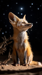 A Fennec fox sits in the desert at night, looking up at the stars.