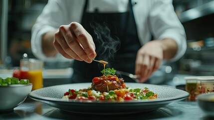 Chef Finishing a Gourmet Dish with a Drizzle of Sauce