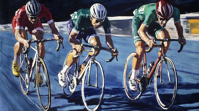 Cyclists in a Close Race: A Painting of Determination and Speed