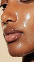 A closeup of a woman’s face covered with a hydrating sheet mask, focusing on her dry skin areas, with a light clean studio background, perfect for skincare blogs or products.