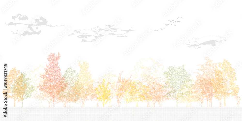 Poster architectural drawings, minimal style cad tree line drawing, side view, set of graphics trees elemen