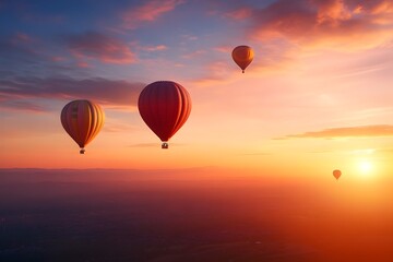 Fototapeta premium Breathtaking aerial view of colorful hot air balloons drifting peacefully across a fiery,vibrant sunset sky,creating a captivating,serene and enchanting landscape.