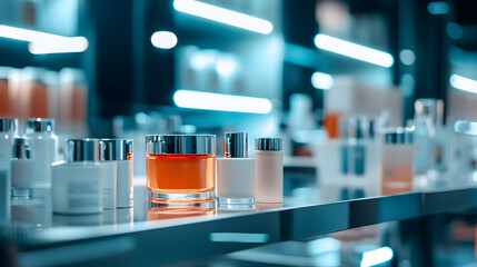 Innovative Futuristic Skincare Product Testing in a Sleek and Sophisticated Glowing Laboratory Environment Showcasing Cutting Edge Holographic Display Technology for Beauty and Wellness Applications