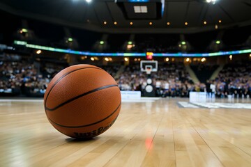 Closeup of basketball on floor of arena basketball court. ｜アリーナのバスケットボールコートの床に置かれたバスケットボールのクローズアップ。