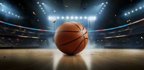 Closeup of basketball on floor of arena basketball court. The arena's vast basketball court is filled with bright lights and pouring confetti.｜アリーナのバスケットボールコートの床に置かれたバスケットボールのクローズアップ。照明と紙吹雪