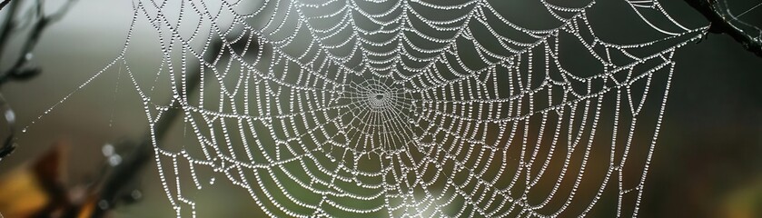 Telescoping into a spider web covered in morning dew, showing each delicate thread glistening with tiny water droplets